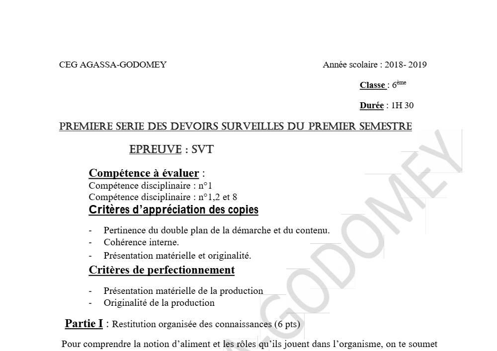 Aperçu de la première page — SVT 6e 1er Devoir 1er Semestre CEG Agassa Godomey 2018 2019
