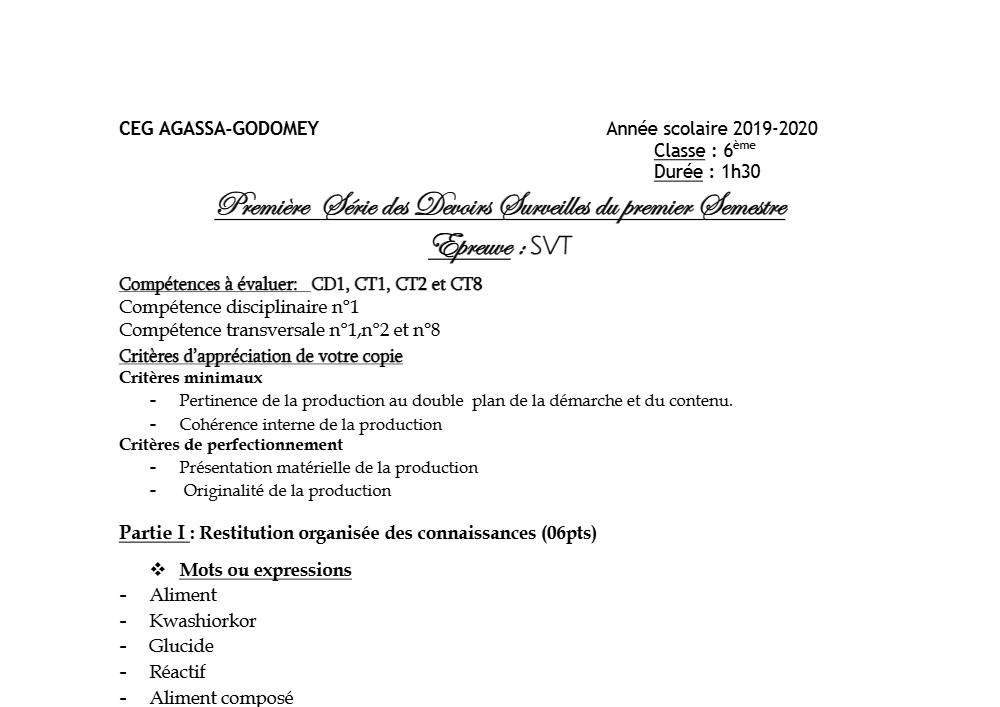 Aperçu de la première page — SVT 6e 1er Devoir 1er Semestre CEG Agassa Godomey 2019 2020