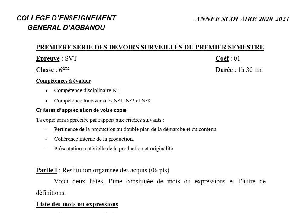 Aperçu de la première page — SVT 6e 1er Devoir 1er Semestre CEG Agbanou 2020 2021