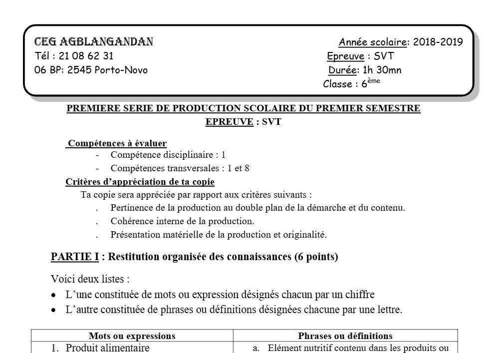 Aperçu de la première page — SVT 6e 1er Devoir 1er Semestre CEG Agblangandan 2018 2019