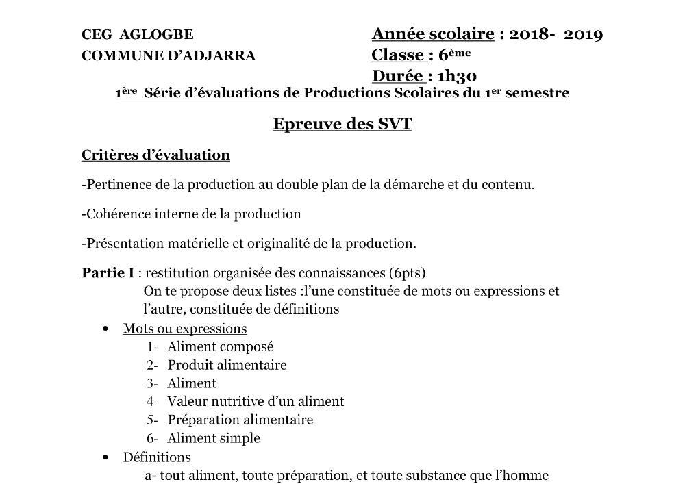 Aperçu de la première page — SVT 6e 1er Devoir 1er Semestre CEG Aglogbe 2018 2019