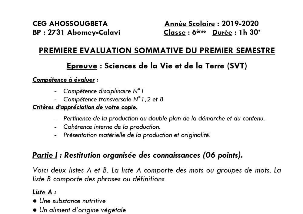 Aperçu de la première page — SVT 6e 1er Devoir 1er Semestre CEG Ahossougbéta 2019 2020