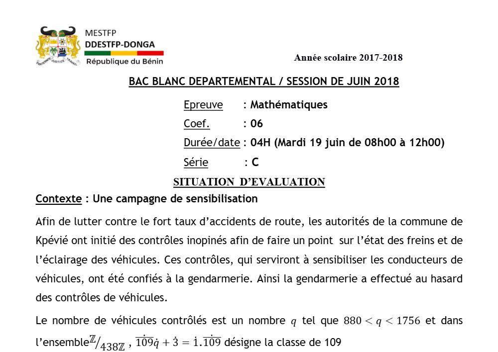 Aperçu de la première page — Mathématiques Série C Bac Blanc Départemental Donga 2017 2018