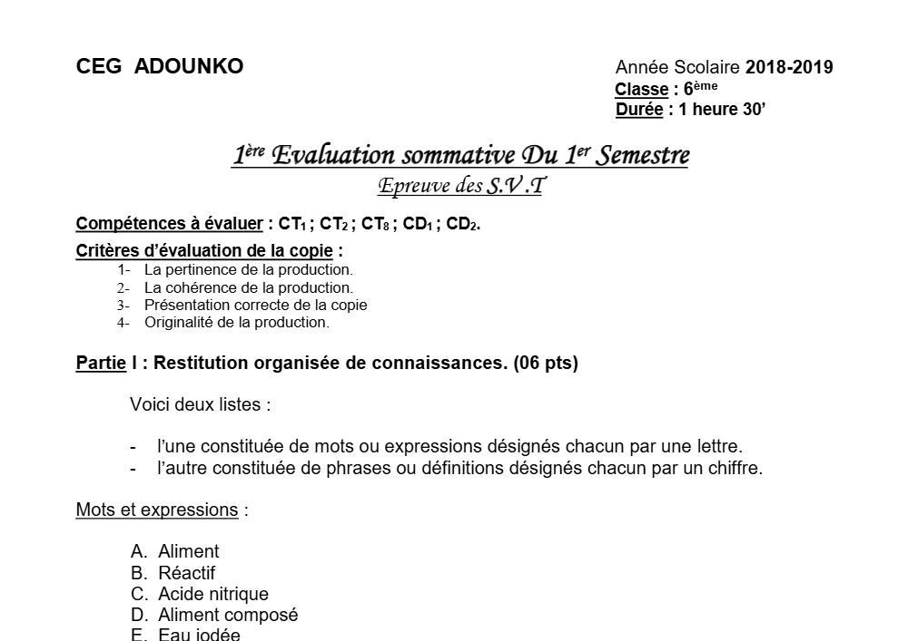 Aperçu de la première page — SVT 6e 1er Devoir 1er Semestre CEG Akassato 2018 2019