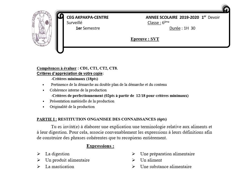 Aperçu de la première page — SVT 6e 1er Devoir 1er Semestre CEG Akpakpa 2019 2020