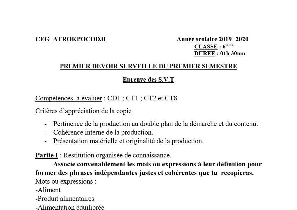 Aperçu de la première page — SVT 6e 1er Devoir 1er Semestre CEG Atrokpocodji 2019 2020