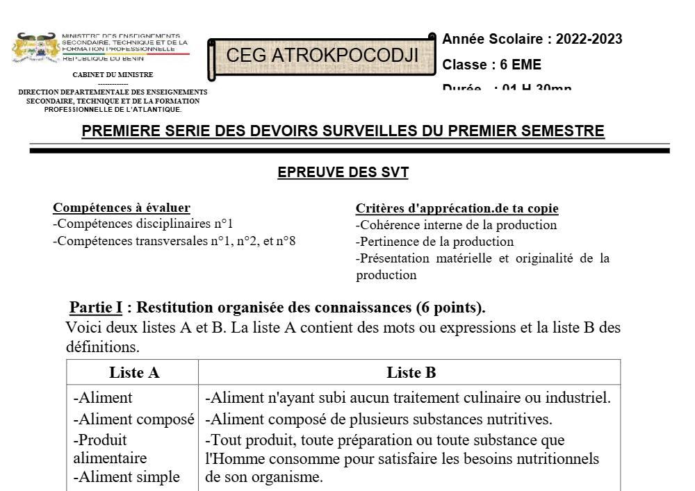 Aperçu de la première page — SVT 6e 1er Devoir 1er Semestre CEG Atrokpocodji 2022 2023