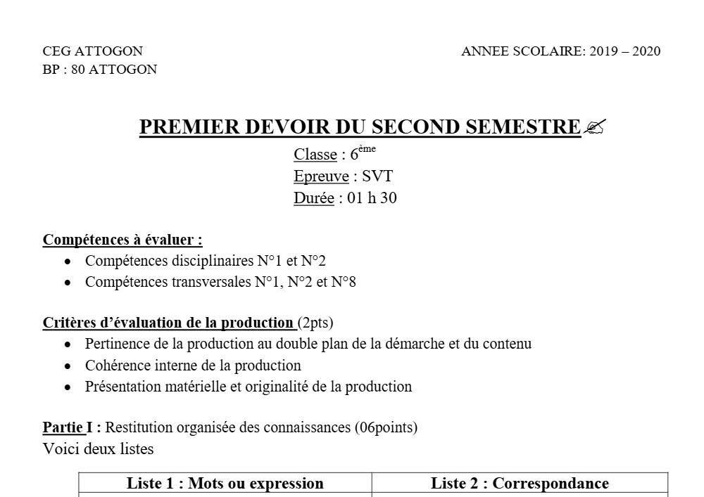 Aperçu de la première page — SVT 6e 1er Devoir 1er Semestre CEG Attogon 2019 2020