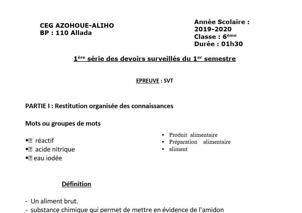 Aperçu de la première page — SVT 6e 1er Devoir 1er Semestre CEG Azohoue Aliho 2019 2020