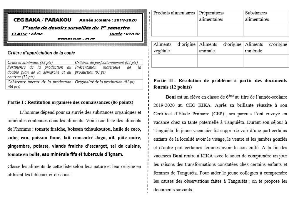Aperçu de la première page — SVT 6e 1er Devoir 1er Semestre CEG Baka 2019 2020