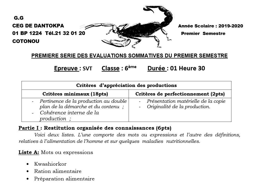 Aperçu de la première page — SVT 6e 1er Devoir 1er Semestre CEG Dantokpa 2019 2020