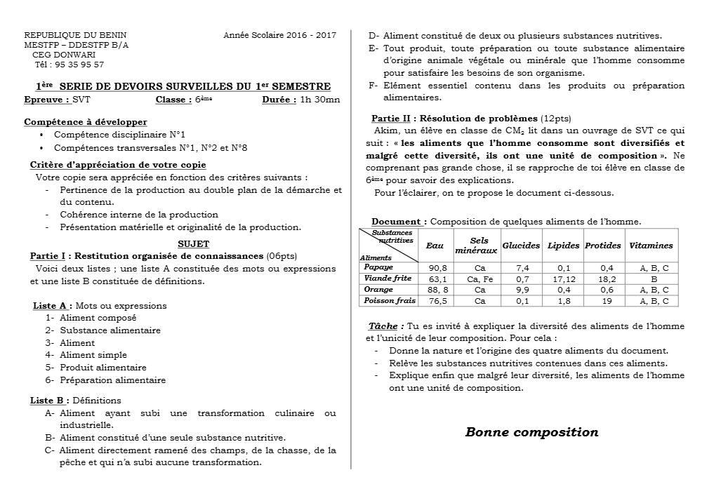 Aperçu de la première page — SVT 6e 1er Devoir 1er Semestre CEG Donwari 2018 2019