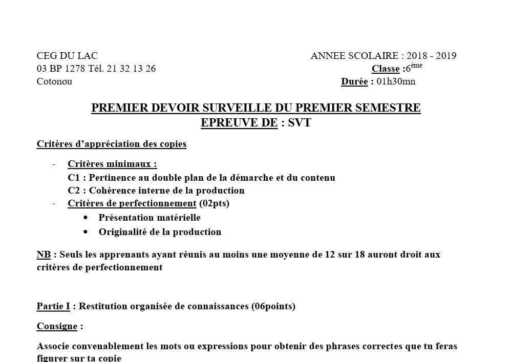 Aperçu de la première page — SVT 6e 1er Devoir 1er Semestre CEG du Lac 2018 2019