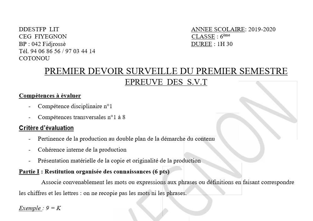 Aperçu de la première page — SVT 6e 1er Devoir 1er Semestre CEG Fiyegnon 2019 2020