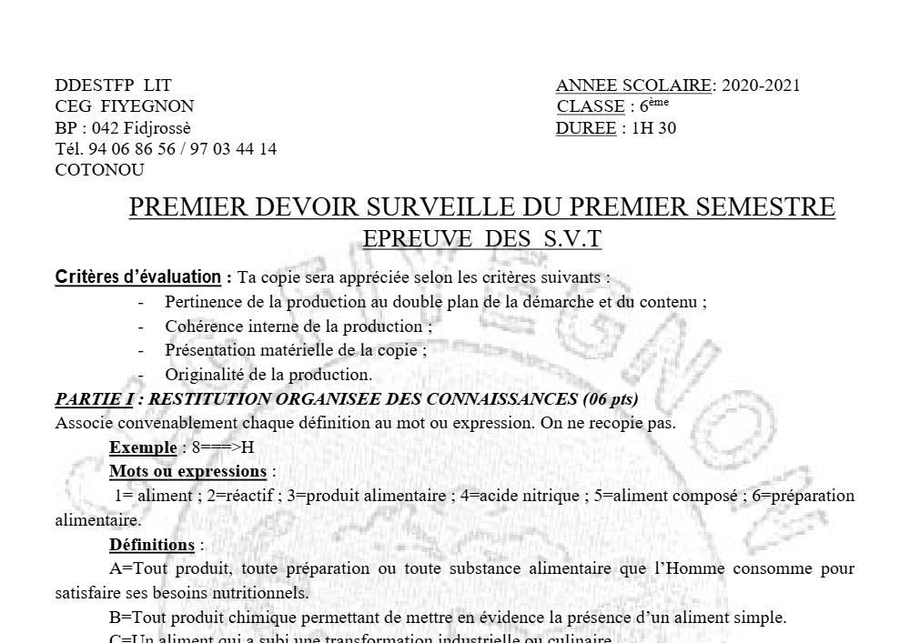 Aperçu de la première page — SVT 6e 1er Devoir 1er Semestre CEG Fiyegnon 2020 2021