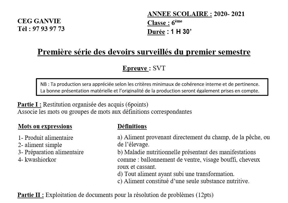 Aperçu de la première page — SVT 6e 1er Devoir 1er Semestre CEG Ganvie 2020 2021