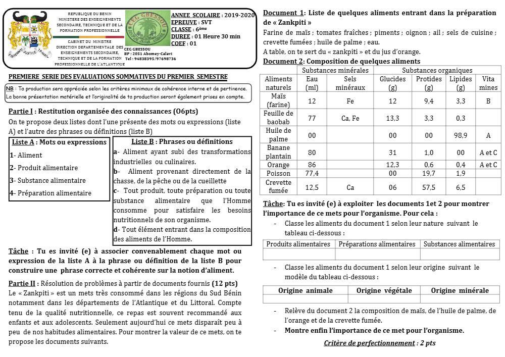 Aperçu de la première page — SVT 6e 1er Devoir 1er Semestre CEG Gbessou 2019 2020