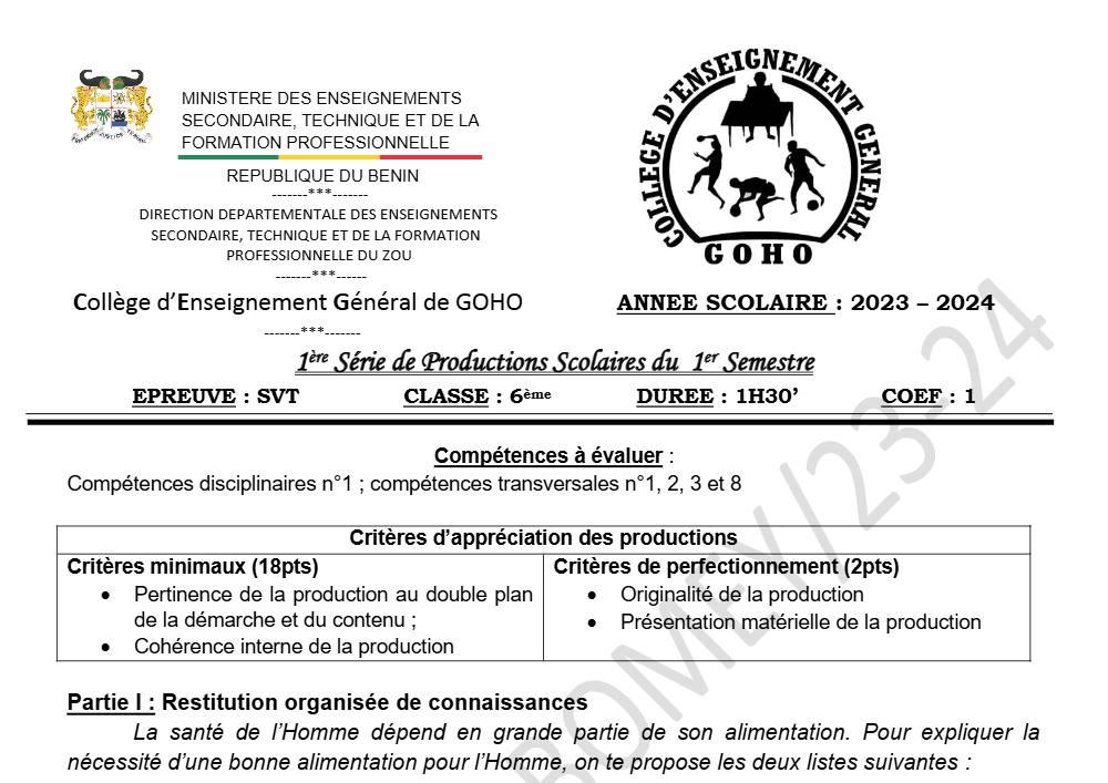 Aperçu de la première page — SVT 6e 1er Devoir 1er Semestre CEG Goho Abomey 2023 2024
