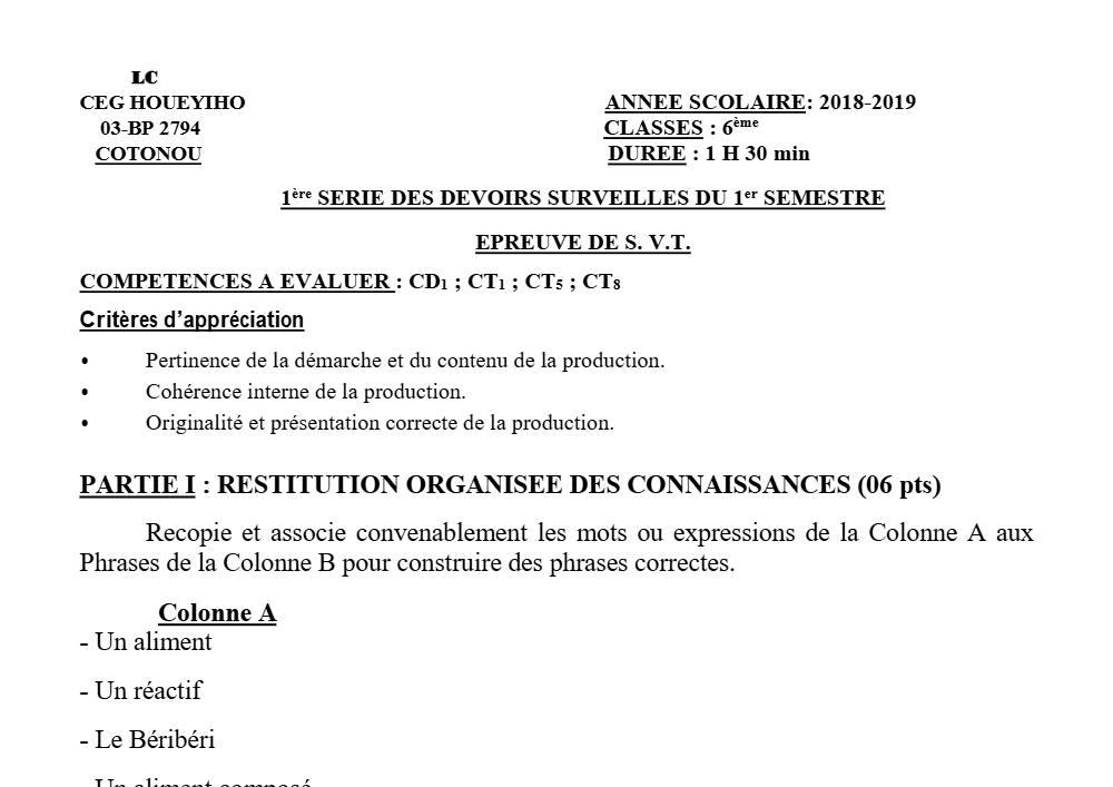 Aperçu de la première page — SVT 6e 1er Devoir 1er Semestre CEG Houéyiho 2018 2019
