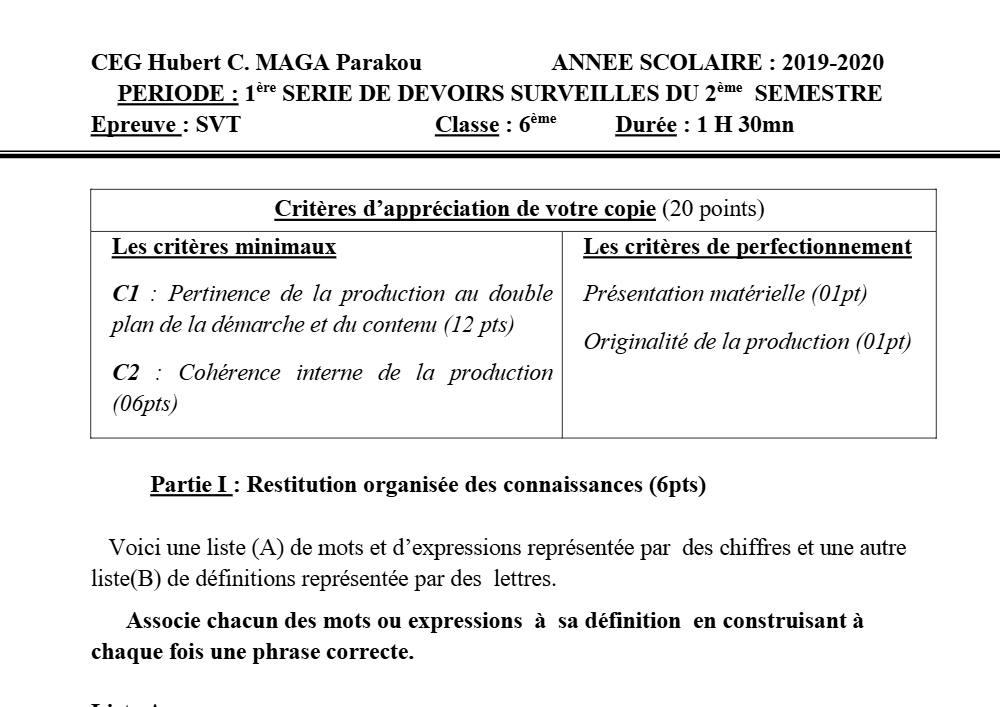 Aperçu de la première page — SVT 6e 1er Devoir 1er Semestre CEG Hubert C Maga 2019 2020