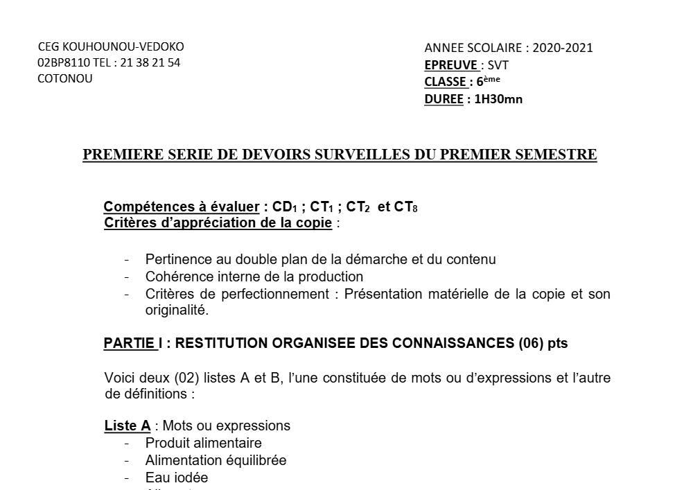 Aperçu de la première page — SVT 6e 1er Devoir 1er Semestre CEG K Vedoko 2020 2021