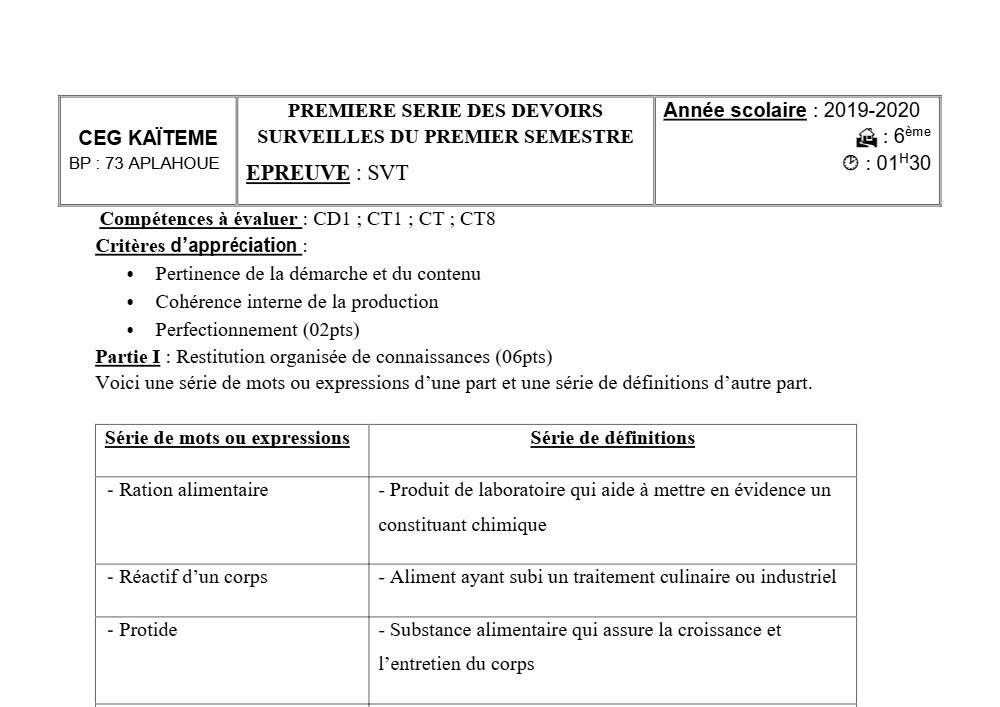 Aperçu de la première page — SVT 6e 1er Devoir 1er Semestre CEG Kaïteme 2019 2020