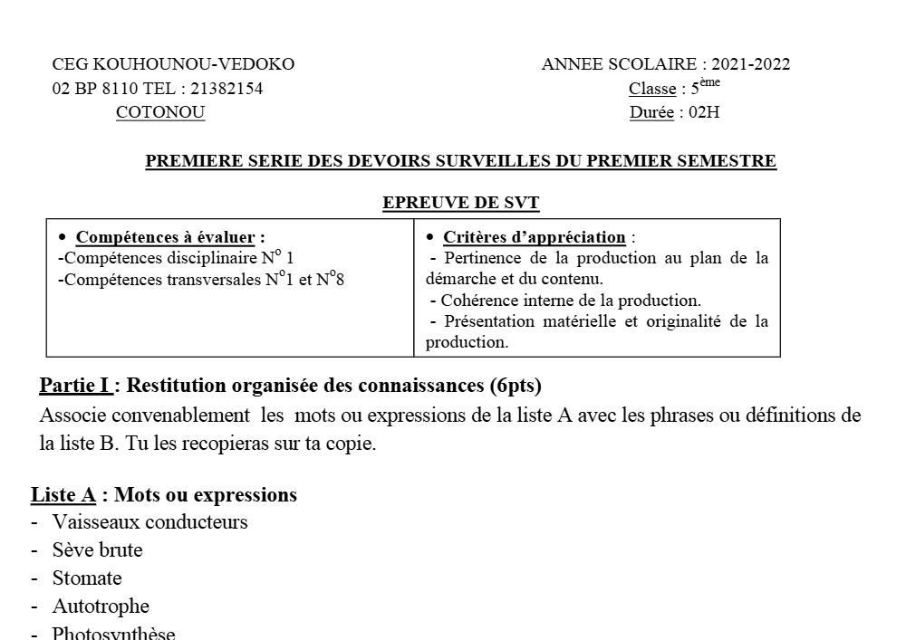 Aperçu de la première page — SVT 6e 1er Devoir 1er Semestre CEG Kouhounou Vedoko 2021 2022
