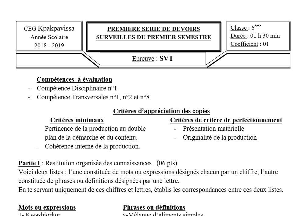 Aperçu de la première page — SVT 6e 1er Devoir 1er Semestre CEG Kpakpavissa 2018 2019