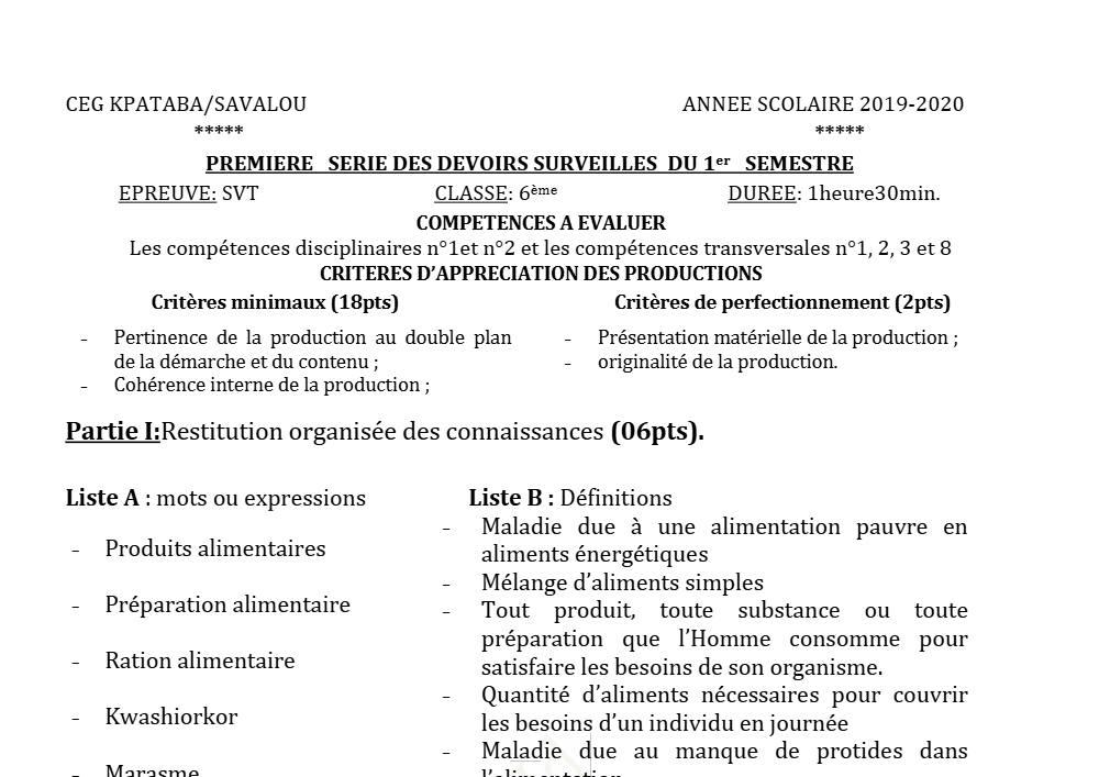 Aperçu de la première page — SVT 6e 1er Devoir 1er Semestre CEG Kpataba 2018 2019