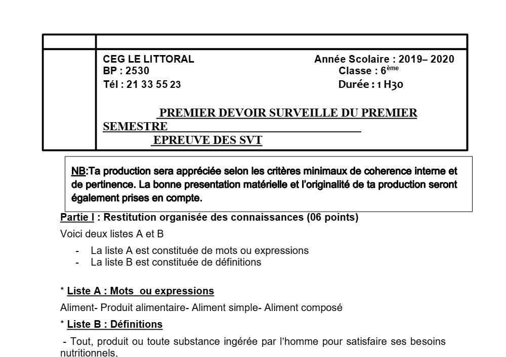 Aperçu de la première page — SVT 6e 1er Devoir 1er Semestre CEG Le Littoral 2019 2020