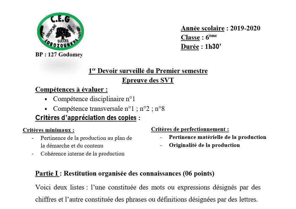 Aperçu de la première page — SVT 6e 1er Devoir 1er Semestre CEG Lobozounkpa 2019 2020