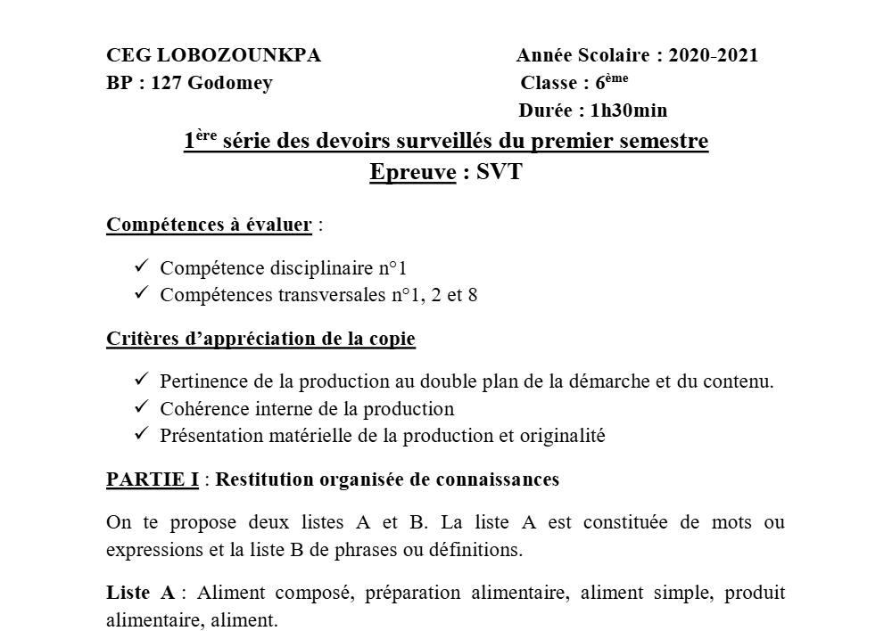 Aperçu de la première page — SVT 6e 1er Devoir 1er Semestre CEG Lobozounkpa 2020 2021