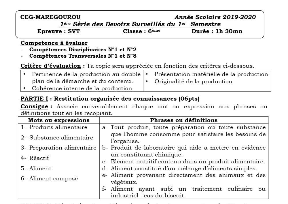 Aperçu de la première page — SVT 6e 1er Devoir 1er Semestre CEG Maregourou 2019 2020