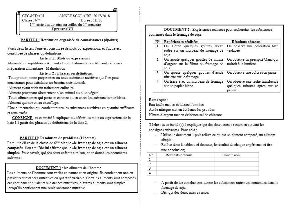 Aperçu de la première page — SVT 6e 1er Devoir 1er Semestre CEG N'Dali 2017 2018