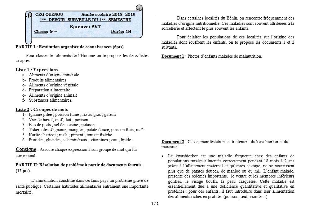 Aperçu de la première page — SVT 6e 1er Devoir 1er Semestre CEG Ouenou 2018 2019
