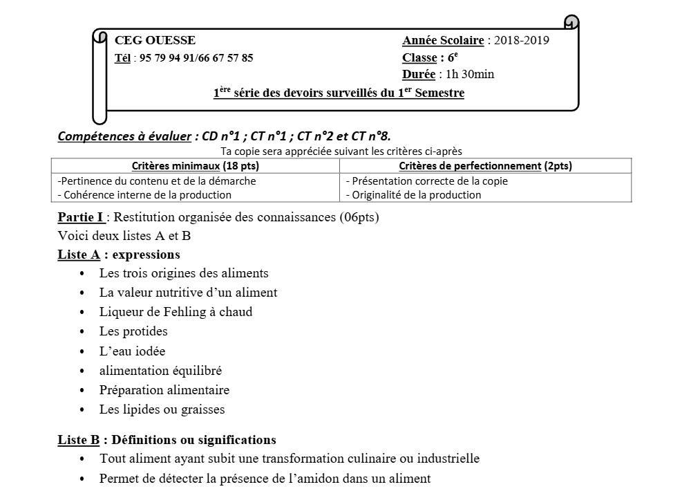Aperçu de la première page — SVT 6e 1er Devoir 1er Semestre CEG Ouesse 2019 2020