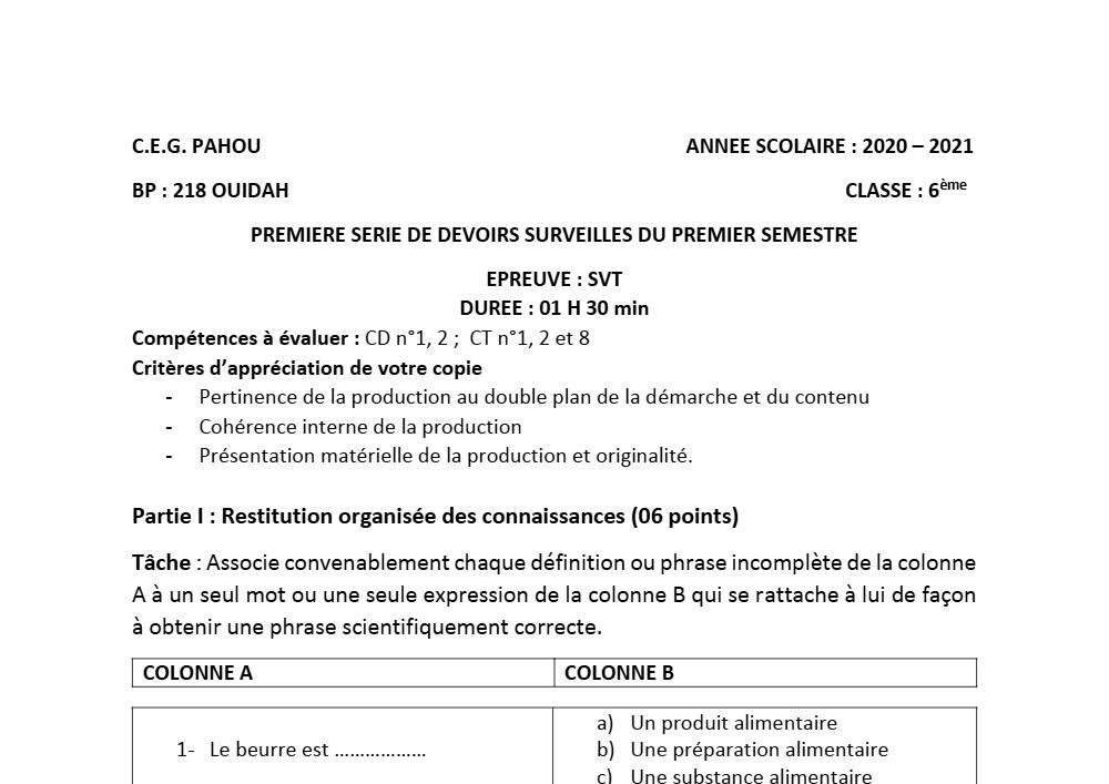 Aperçu de la première page — SVT 6e 1er Devoir 1er Semestre CEG Pahou 2020 2021