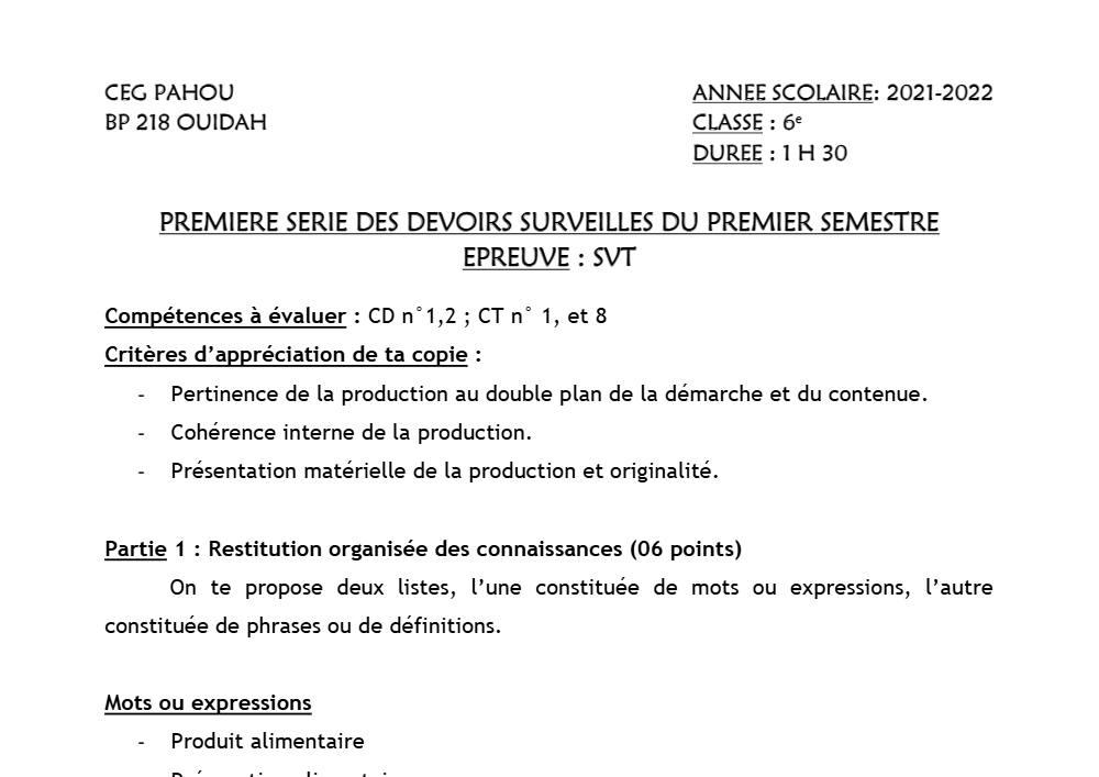 Aperçu de la première page — SVT 6e 1er Devoir 1er Semestre CEG Pahou 2021 2022