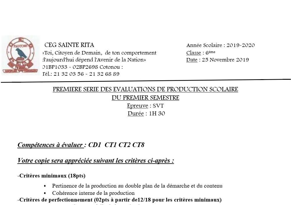 Aperçu de la première page — SVT 6e 1er Devoir 1er Semestre CEG Sainte Rita 2019 2020