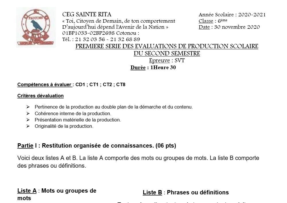 Aperçu de la première page — SVT 6e 1er Devoir 1er Semestre CEG Sainte Rita 2020 2021