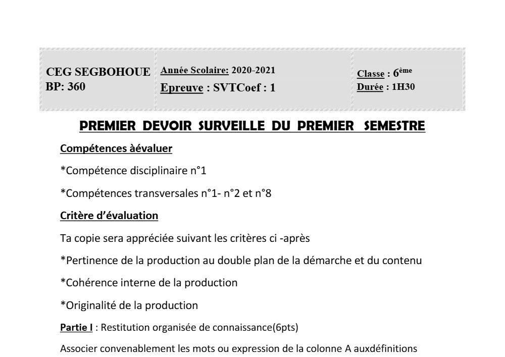 Aperçu de la première page — SVT 6e 1er Devoir 1er Semestre CEG Segbohoue 2020 2021