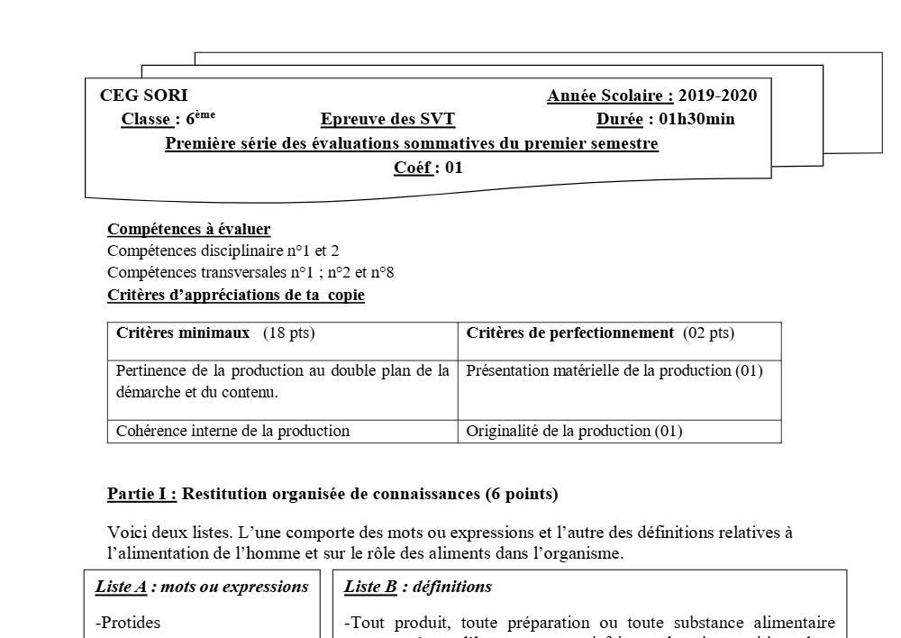 Aperçu de la première page — SVT 6e 1er Devoir 1er Semestre CEG Sori 2019 2020
