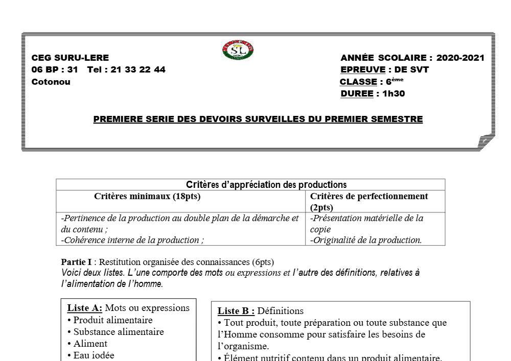 Aperçu de la première page — SVT 6e 1er Devoir 1er Semestre CEG Suru Léré 2020 2021