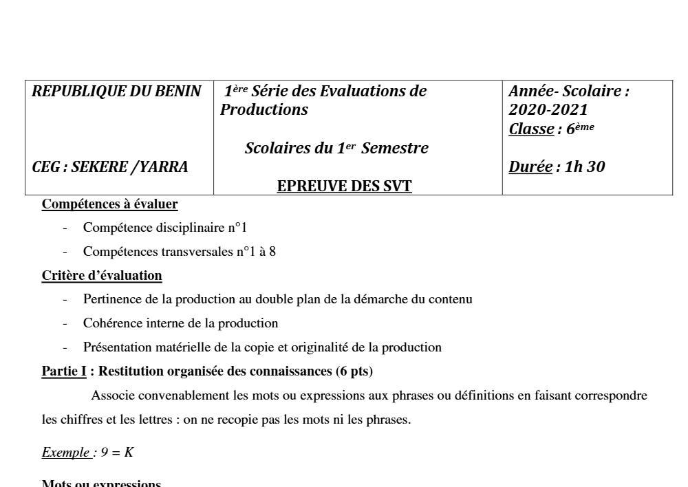 Aperçu de la première page — SVT 6e 1er Devoir 1er Semestre CEG Sékéré 2020 2021