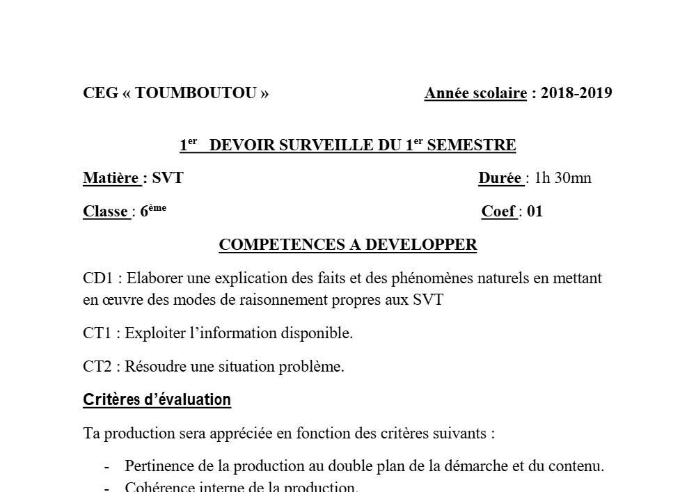 Aperçu de la première page — SVT 6e 1er Devoir 1er Semestre CEG Toumboutou 2018 2019