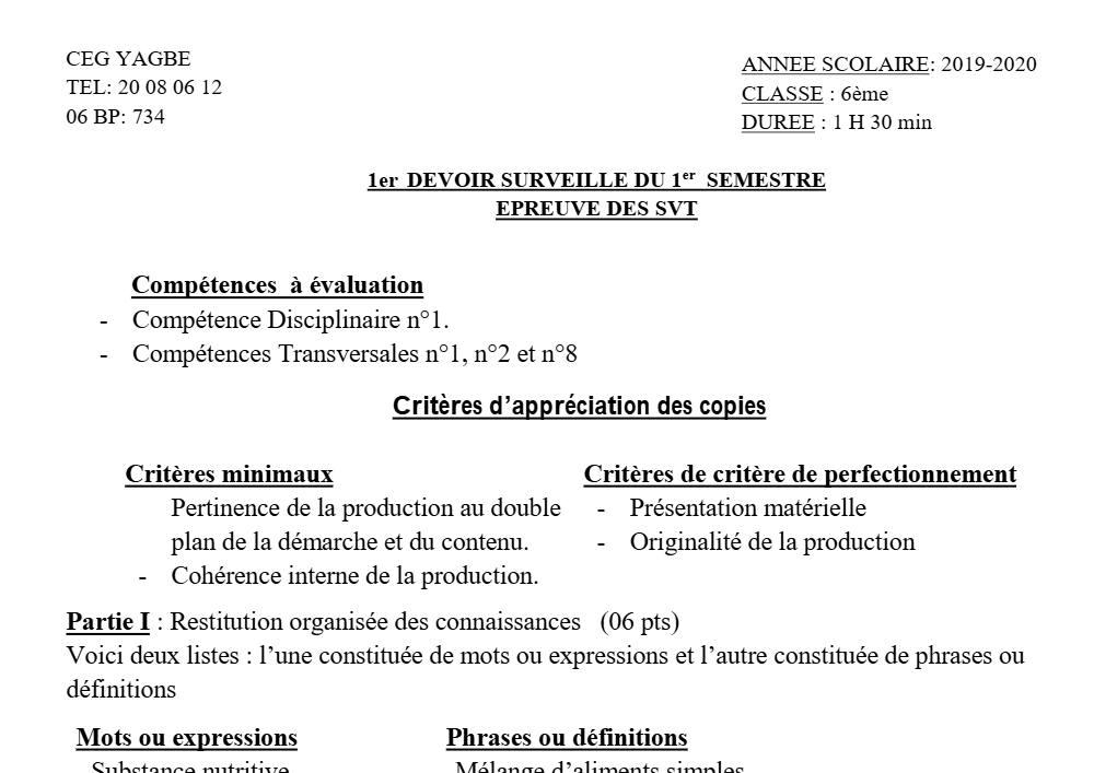 Aperçu de la première page — SVT 6e 1er Devoir 1er Semestre CEG Yagbe 2019 2020