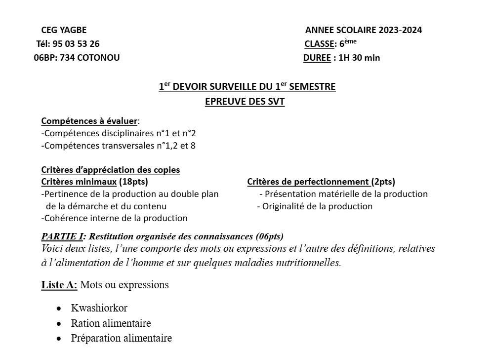 Aperçu de la première page — SVT 6e 1er Devoir 1er Semestre CEG Yagbe 2023 2024