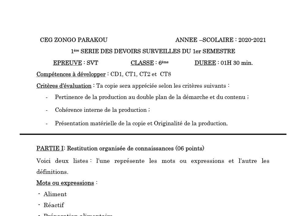 Aperçu de la première page — SVT 6e 1er Devoir 1er Semestre CEG Zongo 2020 2021