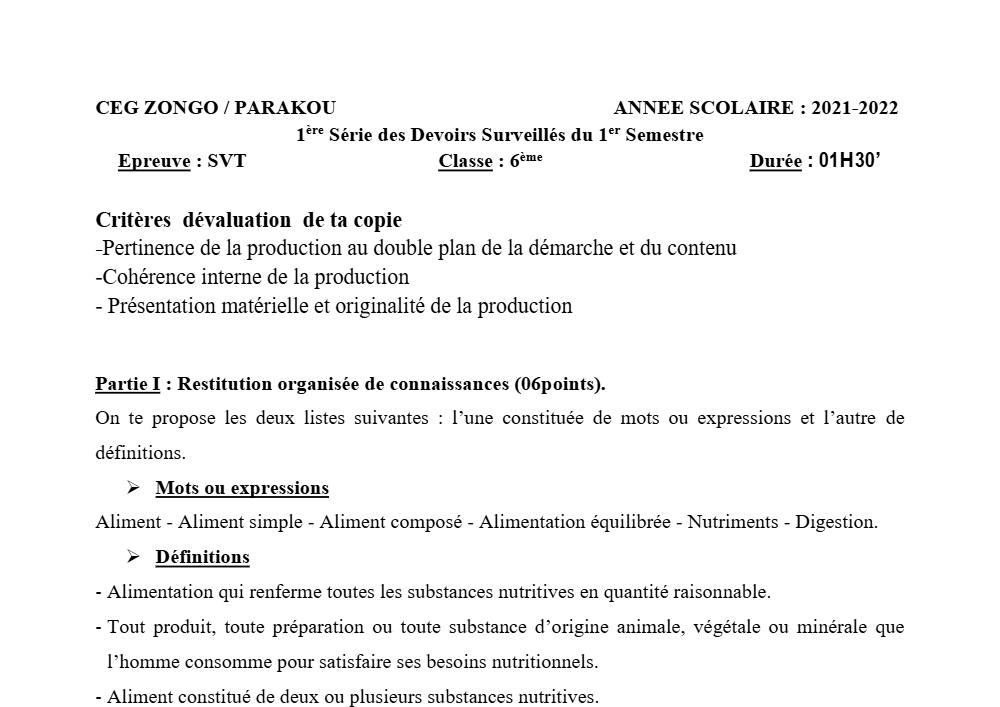 Aperçu de la première page — SVT 6e 1er Devoir 1er Semestre CEG Zongo 2021 2022