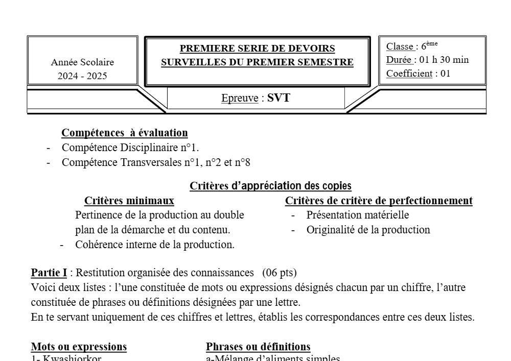 Aperçu de la première page — SVT 6e 1er Devoir 1er Semestre du Collège D'Enseignement Général 2024 2025